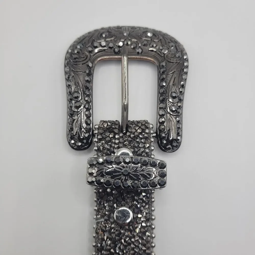 Silver Rhinestone Western Belt Large XL Leather Bling Cowgirl Rodeo Sparkly